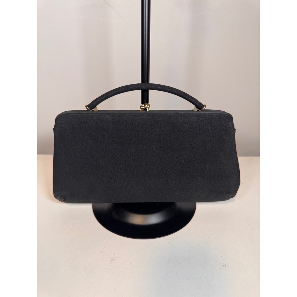 HL USA Vintage Black Fabric Evening Bag Gold Kiss Lock Frame Clutch Handbag